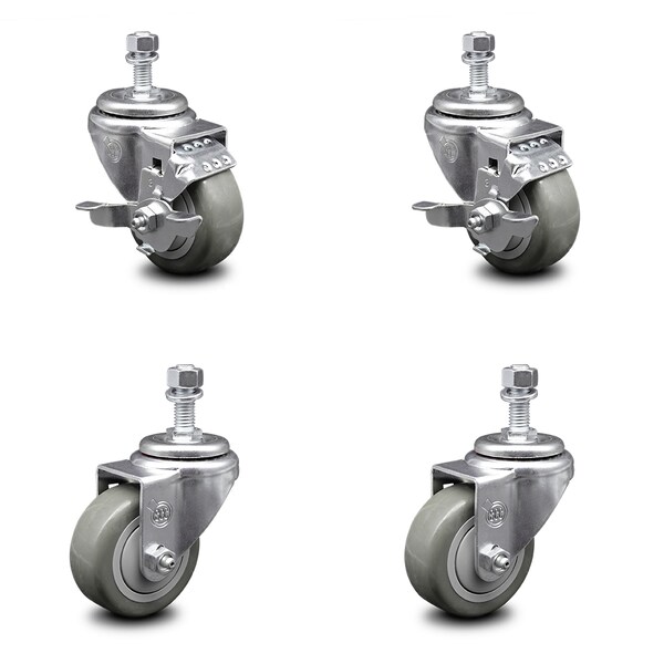 Service Caster 3 Inch Gray Polyurethane Wheel Swivel 1/2 Inch Threaded Stem Caster Brakes, 2PK SCC-TS20S314-PPUB-TLB-121315-2-S-2 - main